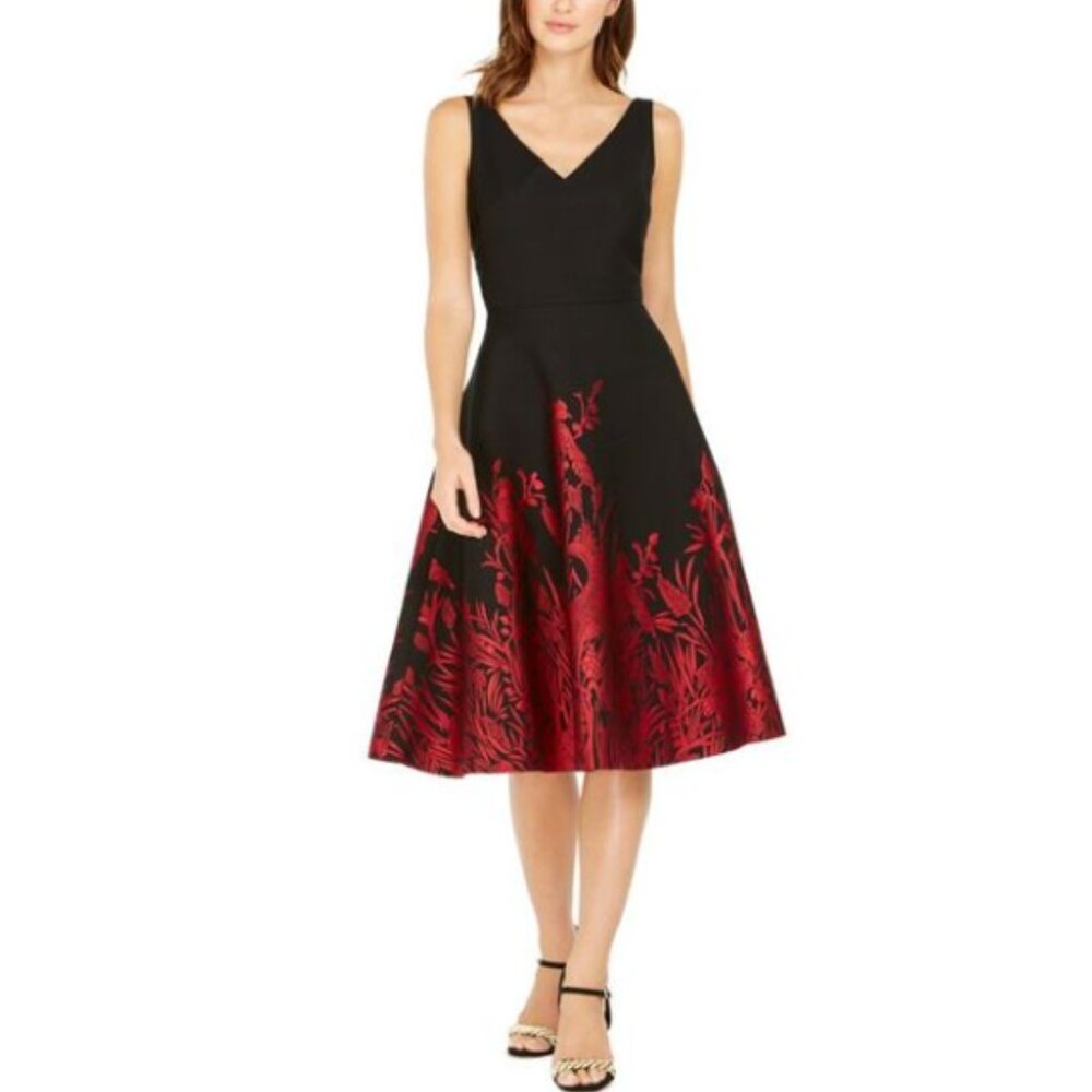 N Natori Jacquard Peacock A-line Dress Black & Red Size 4